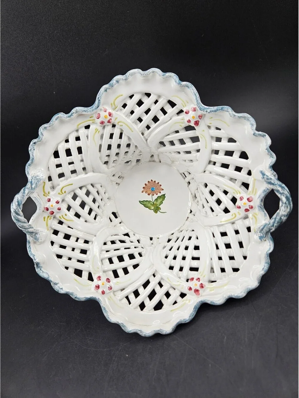 Vintage Hand-Painted Portuguese Ceramic Lattice Basket Bowl Signed 